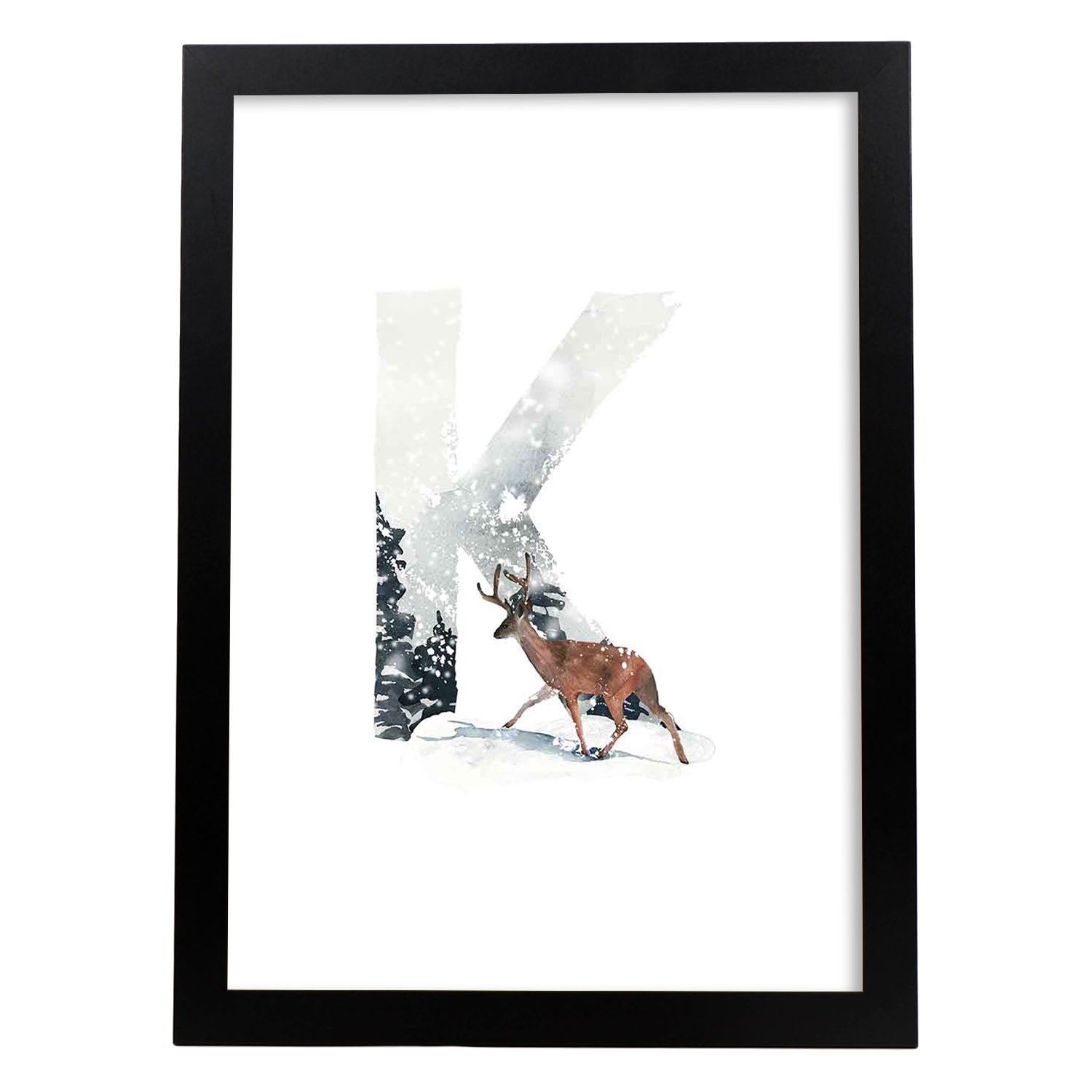 Poster de letra K. Lámina estilo Invierno con imágenes del alfabeto.-Artwork-Nacnic-A4-Marco Negro-Nacnic Estudio SL