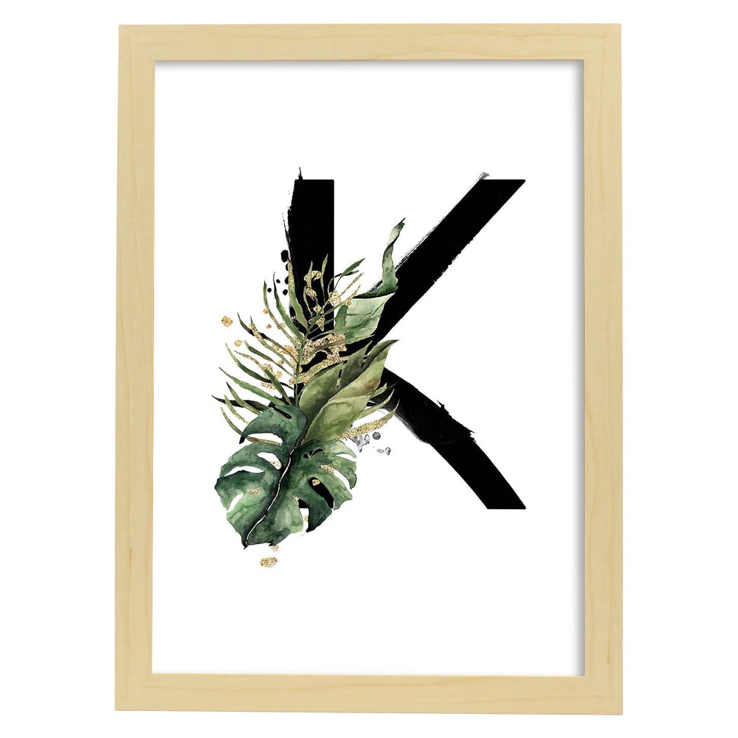 Poster de letra K. Lámina estilo Jungla Negra con imágenes del alfabeto.-Artwork-Nacnic-A3-Marco Madera clara-Nacnic Estudio SL