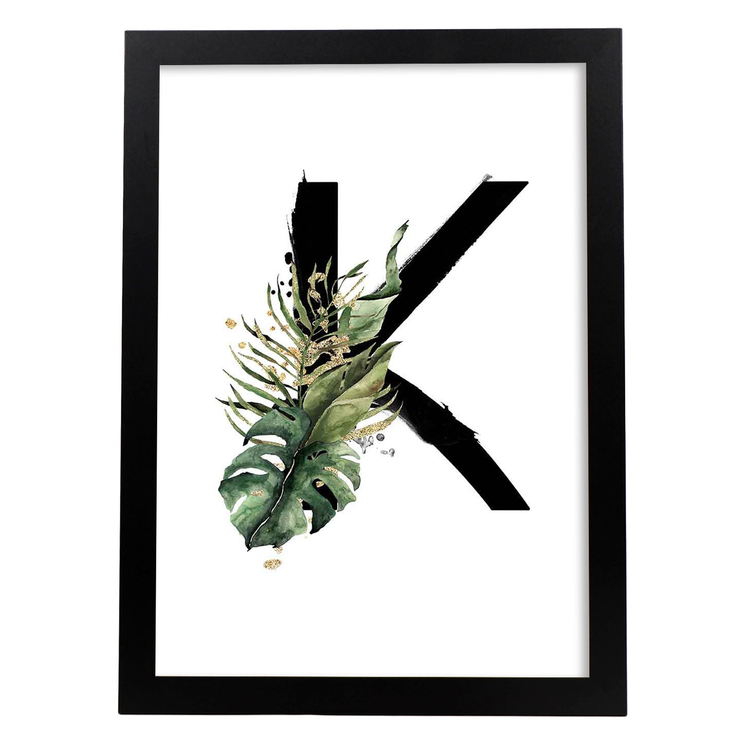 Poster de letra K. Lámina estilo Jungla Negra con imágenes del alfabeto.-Artwork-Nacnic-A4-Marco Negro-Nacnic Estudio SL