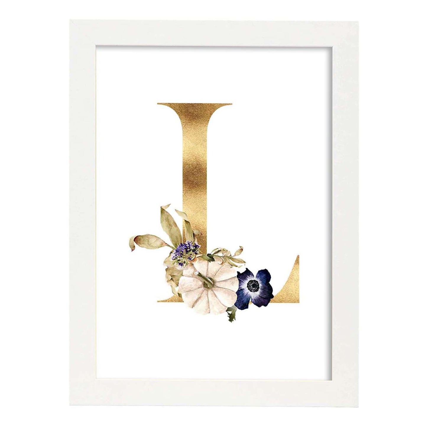 Poster de letra L. Lámina estilo Dorado Floral con imágenes del alfabeto.-Artwork-Nacnic-A3-Marco Blanco-Nacnic Estudio SL