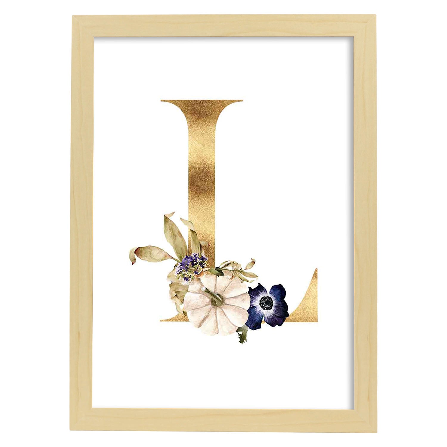 Poster de letra L. Lámina estilo Dorado Floral con imágenes del alfabeto.-Artwork-Nacnic-A3-Marco Madera clara-Nacnic Estudio SL