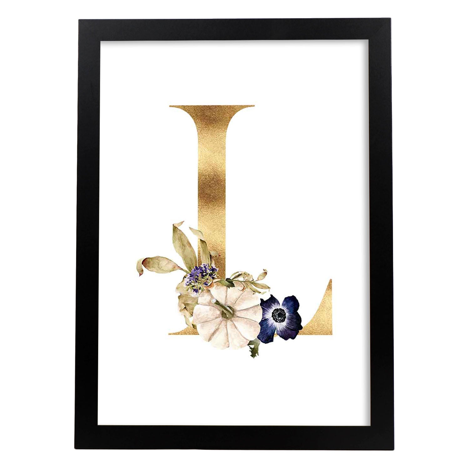 Poster de letra L. Lámina estilo Dorado Floral con imágenes del alfabeto.-Artwork-Nacnic-A3-Marco Negro-Nacnic Estudio SL