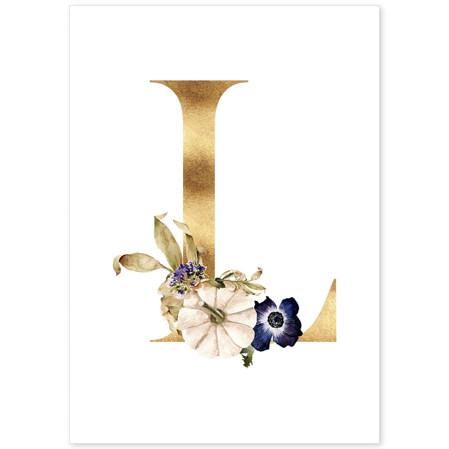 Poster de letra L. Lámina estilo Dorado Floral con imágenes del alfabeto.-Artwork-Nacnic-A4-Sin marco-Nacnic Estudio SL