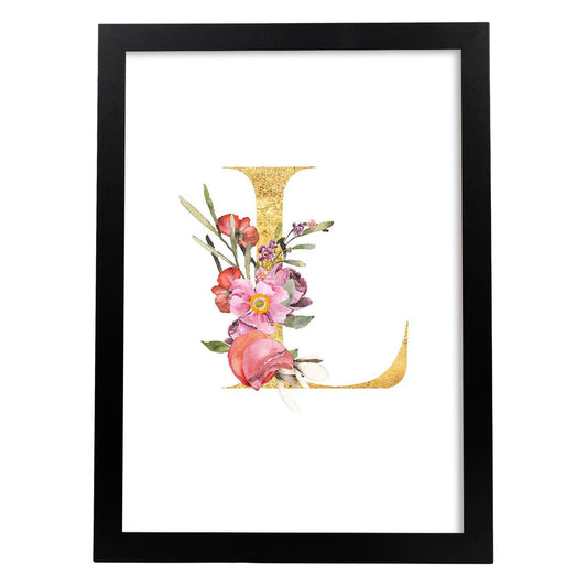 Poster de letra L. Lámina estilo Dorado Rosa con imágenes del alfabeto.-Artwork-Nacnic-A4-Marco Negro-Nacnic Estudio SL