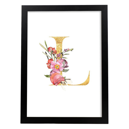 Poster de letra L. Lámina estilo Dorado Rosa con imágenes del alfabeto.-Artwork-Nacnic-A4-Marco Negro-Nacnic Estudio SL