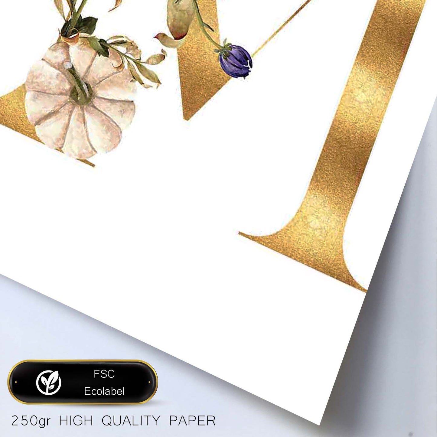 Poster de letra M. Lámina estilo Dorado Floral con imágenes del alfabeto.-Artwork-Nacnic-Nacnic Estudio SL