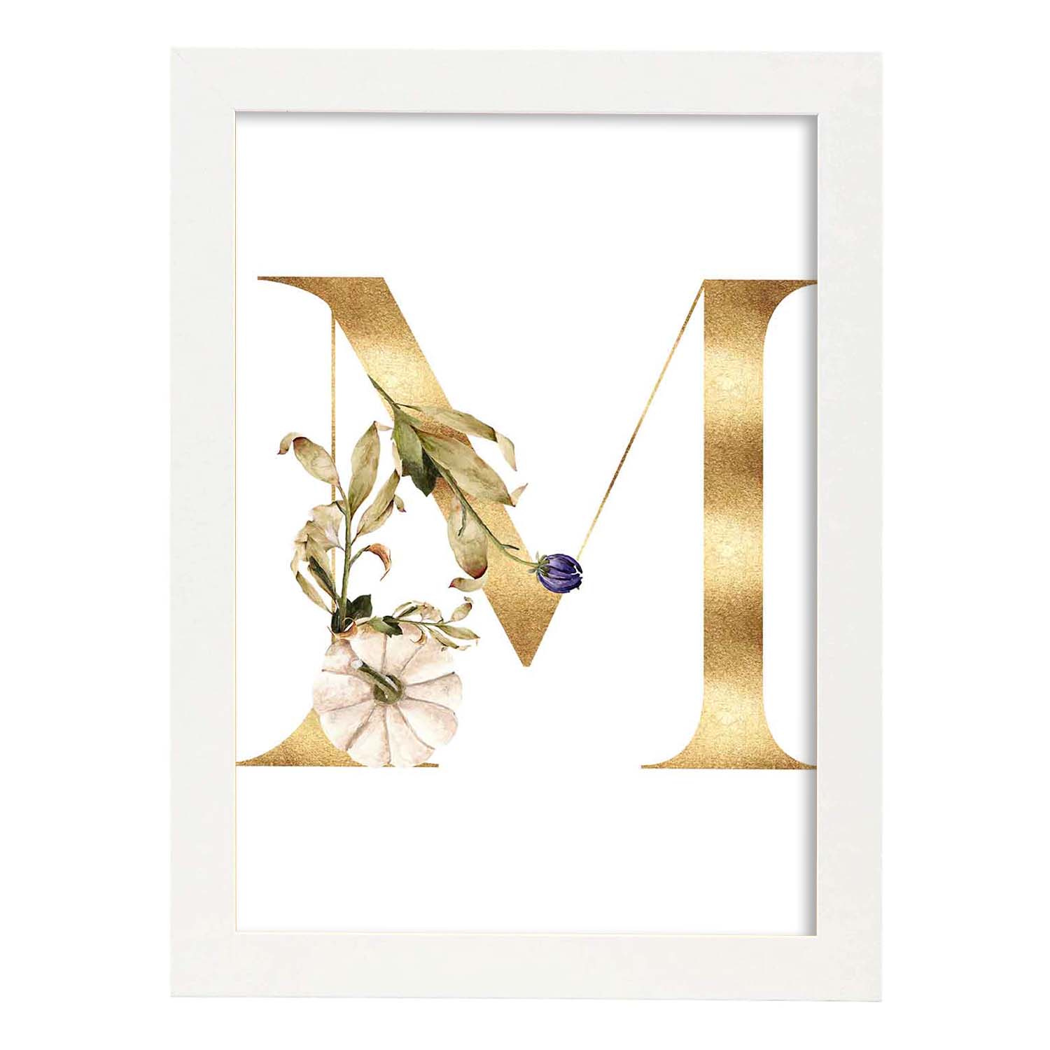 Poster de letra M. Lámina estilo Dorado Floral con imágenes del alfabeto.-Artwork-Nacnic-A3-Marco Blanco-Nacnic Estudio SL