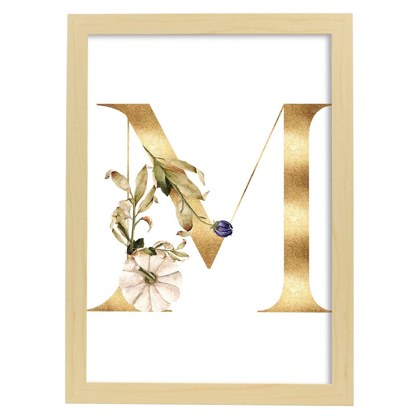 Poster de letra M. Lámina estilo Dorado Floral con imágenes del alfabeto.-Artwork-Nacnic-A3-Marco Madera clara-Nacnic Estudio SL