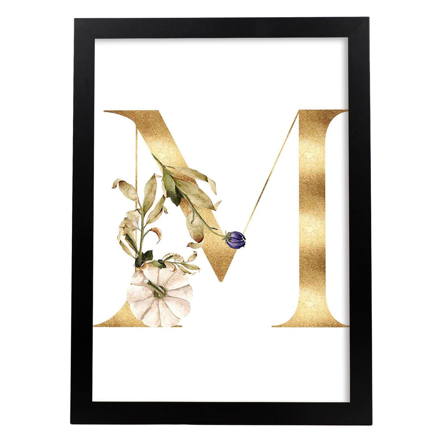 Poster de letra M. Lámina estilo Dorado Floral con imágenes del alfabeto.-Artwork-Nacnic-A3-Marco Negro-Nacnic Estudio SL