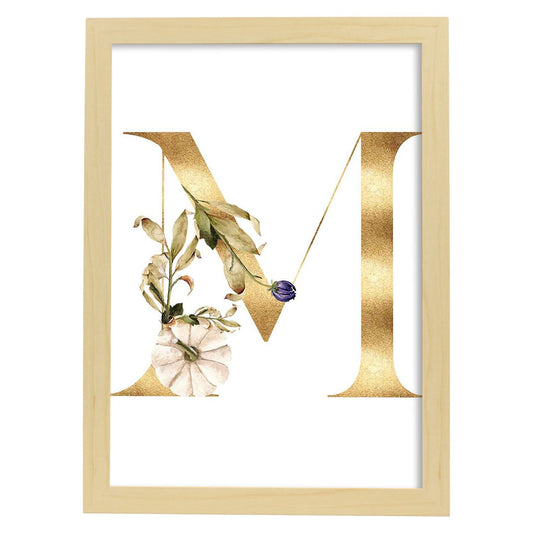 Poster de letra M. Lámina estilo Dorado Floral con imágenes del alfabeto.-Artwork-Nacnic-A4-Marco Madera clara-Nacnic Estudio SL