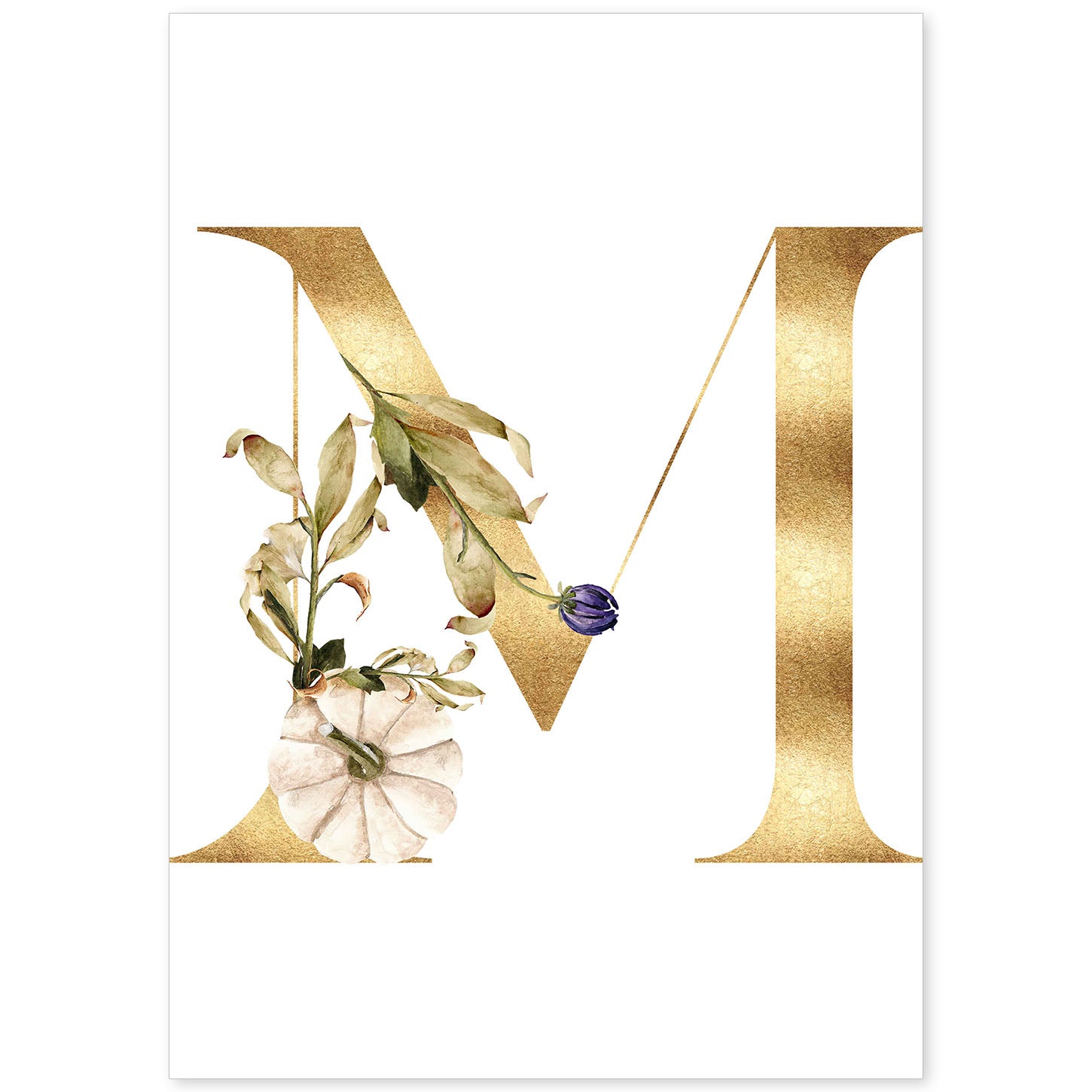 Poster de letra M. Lámina estilo Dorado Floral con imágenes del alfabeto.-Artwork-Nacnic-A4-Sin marco-Nacnic Estudio SL