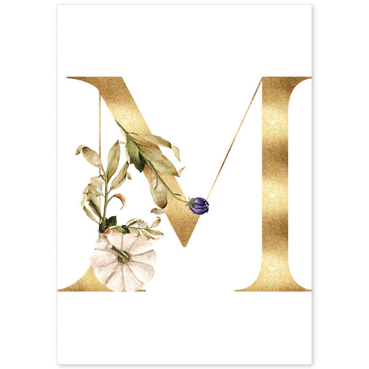 Poster de letra M. Lámina estilo Dorado Floral con imágenes del alfabeto.-Artwork-Nacnic-A4-Sin marco-Nacnic Estudio SL