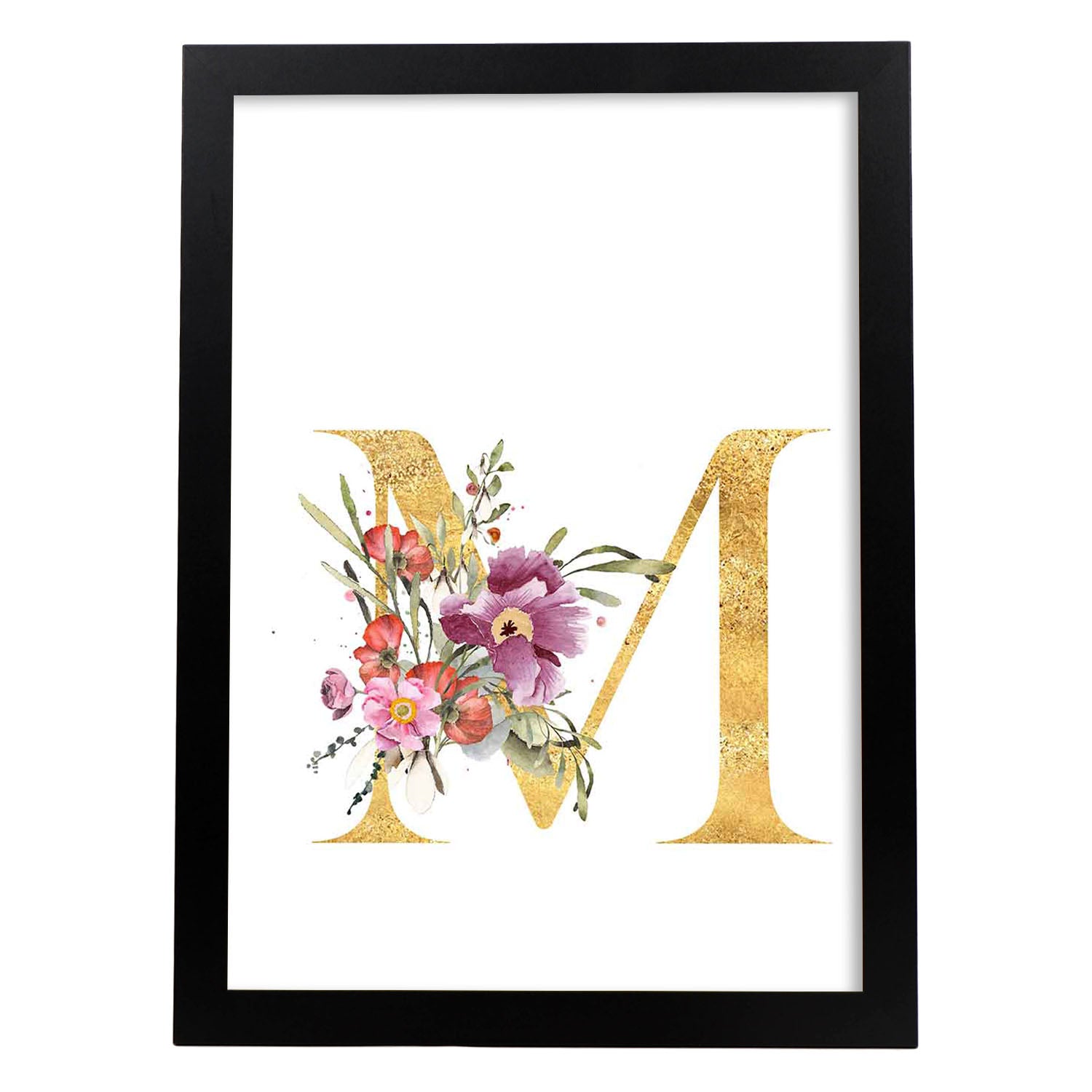 Poster de letra M. Lámina estilo Dorado Rosa con imágenes del alfabeto.-Artwork-Nacnic-A4-Marco Negro-Nacnic Estudio SL
