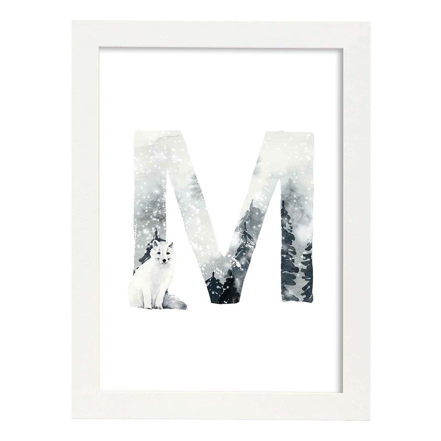 Poster de letra M. Lámina estilo Invierno con imágenes del alfabeto.-Artwork-Nacnic-A3-Marco Blanco-Nacnic Estudio SL