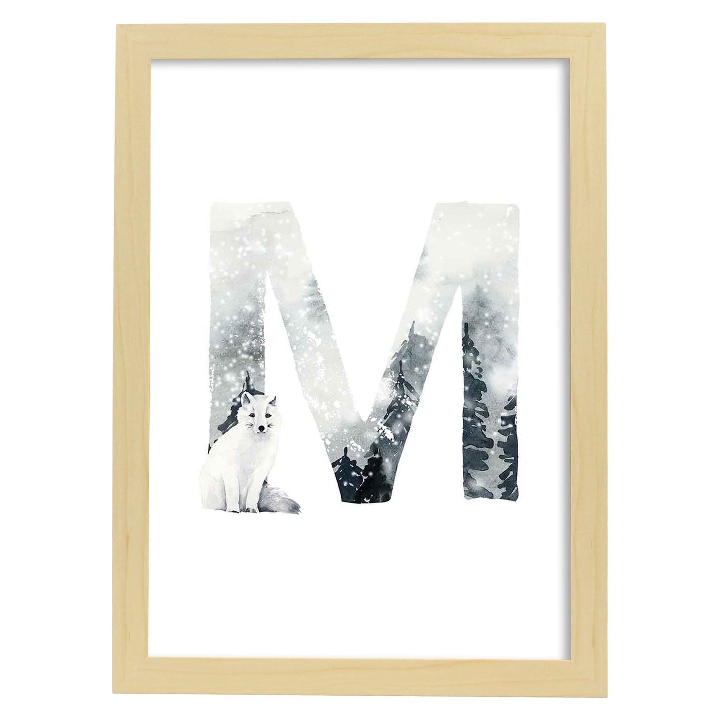 Poster de letra M. Lámina estilo Invierno con imágenes del alfabeto.-Artwork-Nacnic-A3-Marco Madera clara-Nacnic Estudio SL