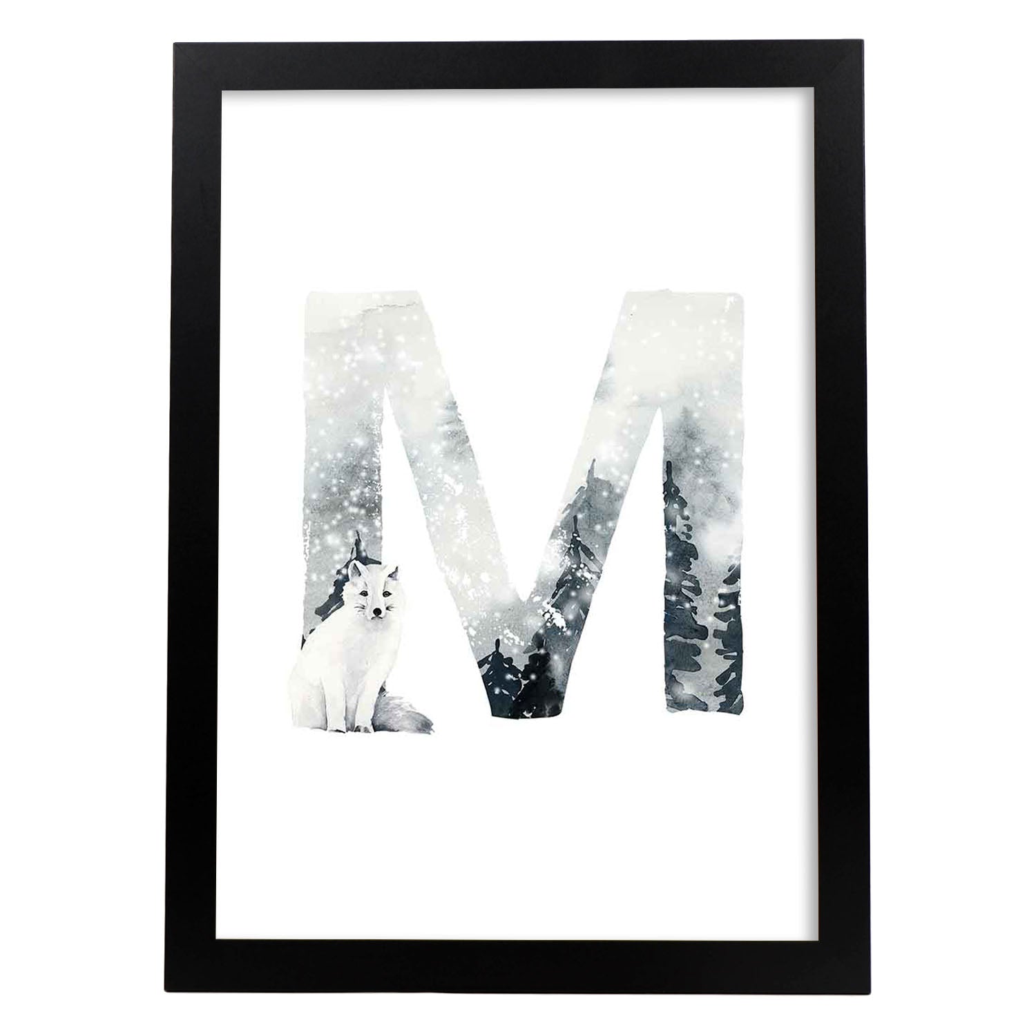 Poster de letra M. Lámina estilo Invierno con imágenes del alfabeto.-Artwork-Nacnic-A3-Marco Negro-Nacnic Estudio SL