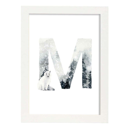 Poster de letra M. Lámina estilo Invierno con imágenes del alfabeto.-Artwork-Nacnic-A4-Marco Blanco-Nacnic Estudio SL
