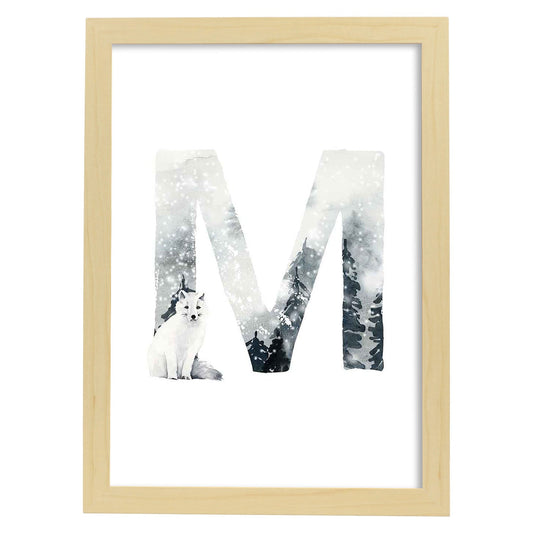 Poster de letra M. Lámina estilo Invierno con imágenes del alfabeto.-Artwork-Nacnic-A4-Marco Madera clara-Nacnic Estudio SL