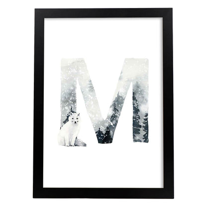 Poster de letra M. Lámina estilo Invierno con imágenes del alfabeto.-Artwork-Nacnic-A4-Marco Negro-Nacnic Estudio SL