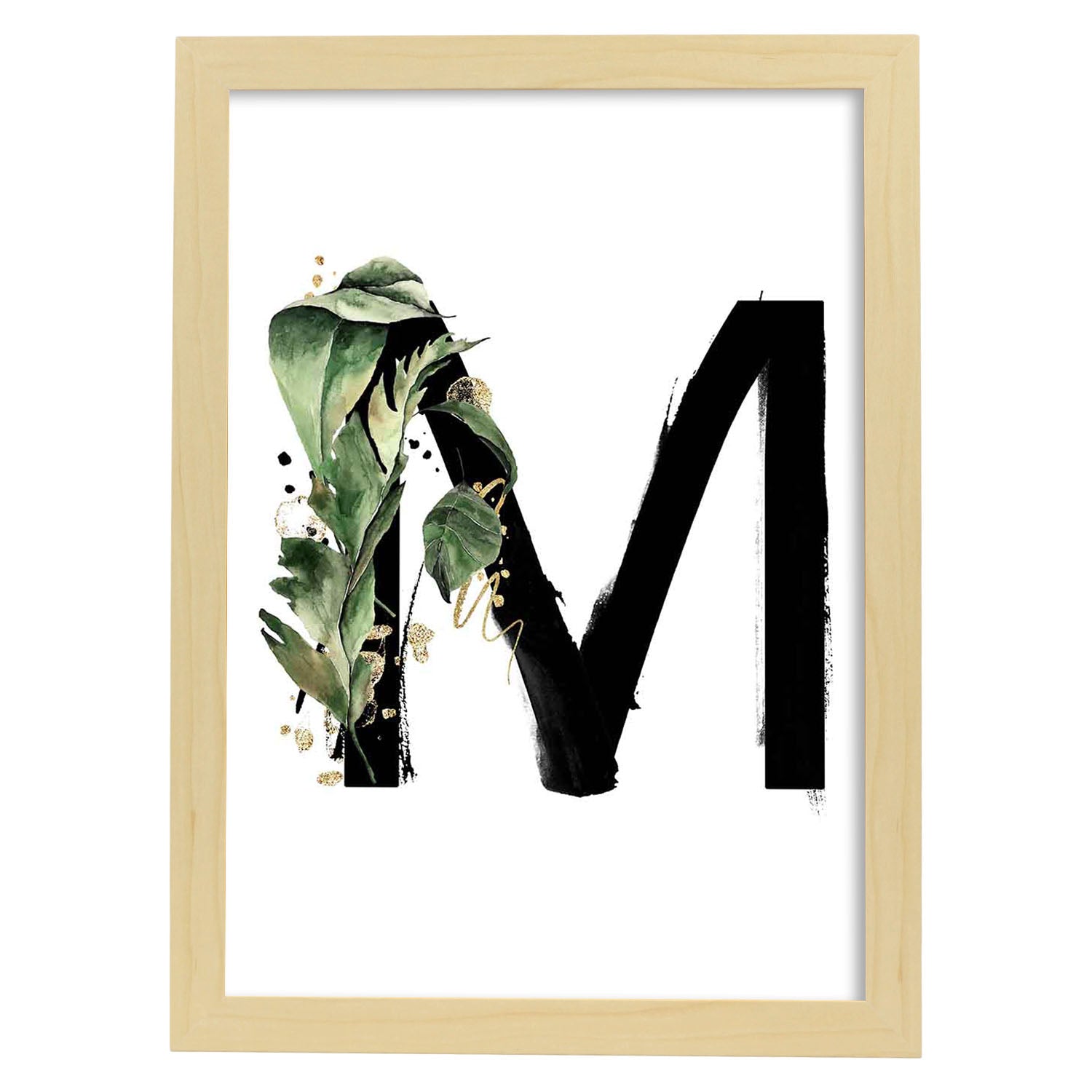 Poster de letra M. Lámina estilo Jungla Negra con imágenes del alfabeto.-Artwork-Nacnic-A3-Marco Madera clara-Nacnic Estudio SL