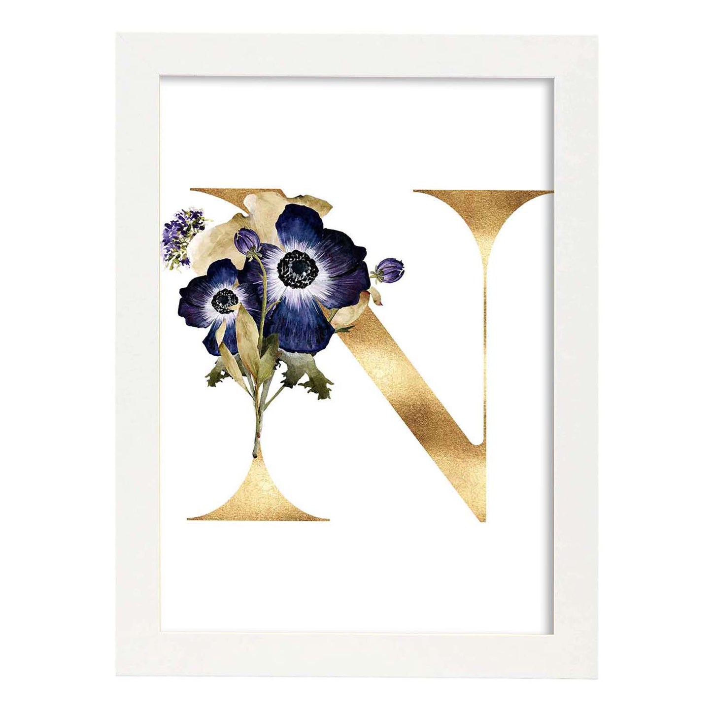 Poster de letra N. Lámina estilo Dorado Floral con imágenes del alfabeto.-Artwork-Nacnic-A3-Marco Blanco-Nacnic Estudio SL