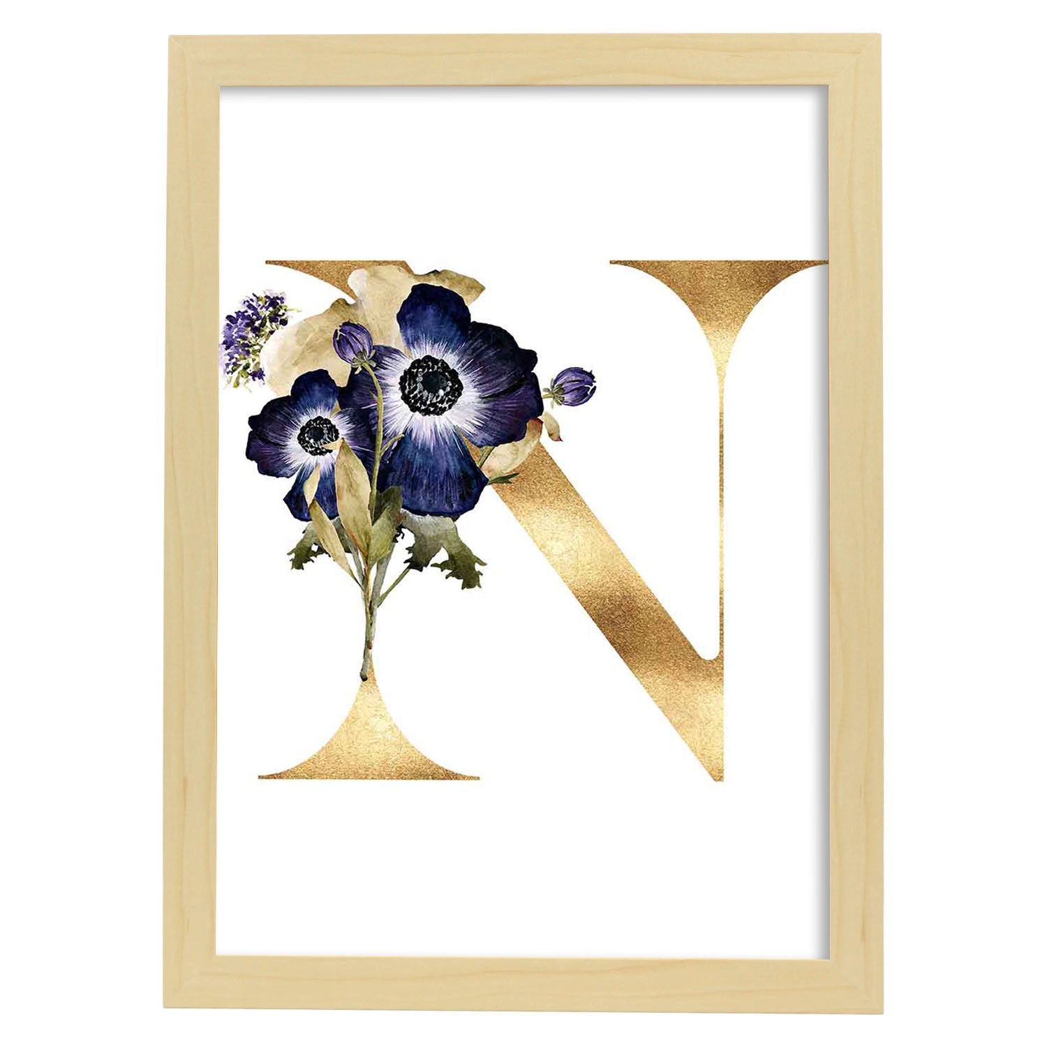 Poster de letra N. Lámina estilo Dorado Floral con imágenes del alfabeto.-Artwork-Nacnic-A3-Marco Madera clara-Nacnic Estudio SL