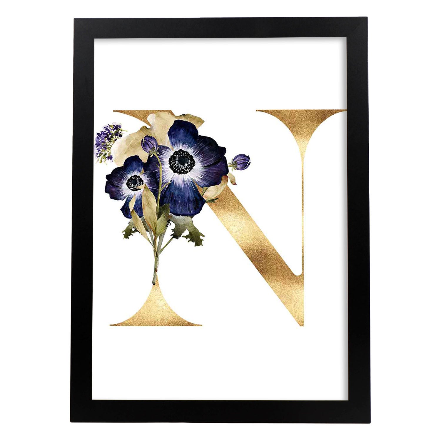 Poster de letra N. Lámina estilo Dorado Floral con imágenes del alfabeto.-Artwork-Nacnic-A3-Marco Negro-Nacnic Estudio SL