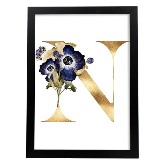 Poster de letra N. Lámina estilo Dorado Floral con imágenes del alfabeto.-Artwork-Nacnic-A4-Marco Negro-Nacnic Estudio SL