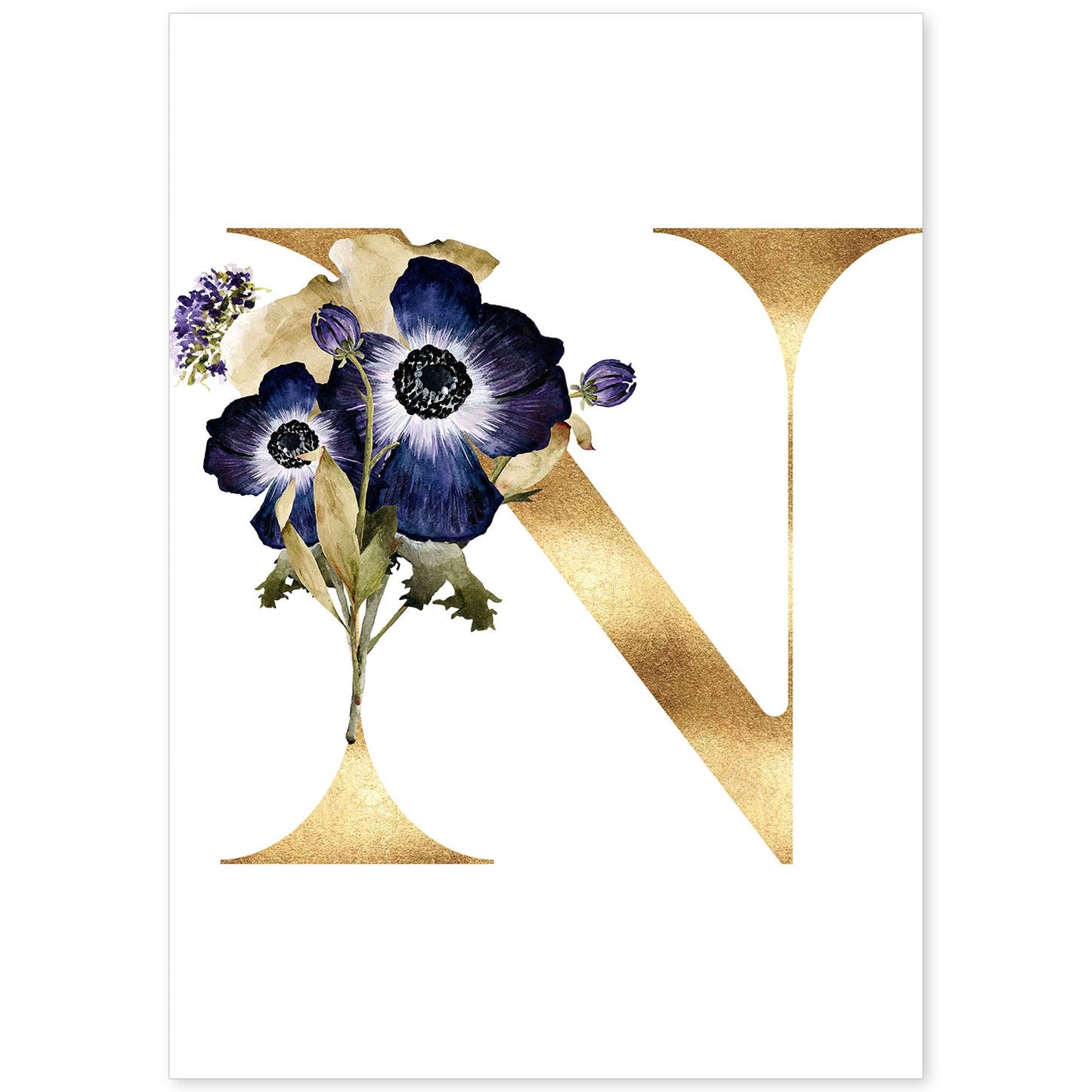 Poster de letra N. Lámina estilo Dorado Floral con imágenes del alfabeto.-Artwork-Nacnic-A4-Sin marco-Nacnic Estudio SL