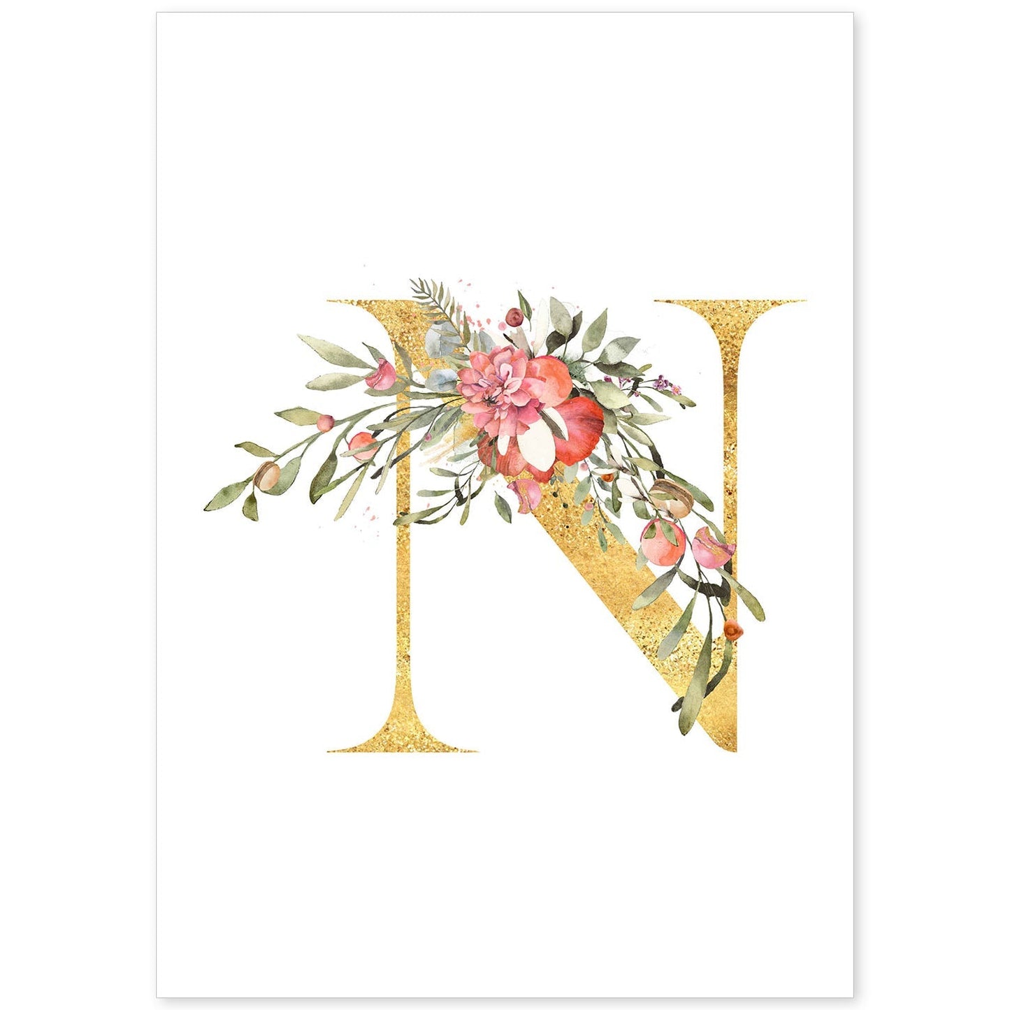 Poster de letra N. Lámina estilo Dorado Rosa con imágenes del alfabeto.-Artwork-Nacnic-A4-Sin marco-Nacnic Estudio SL