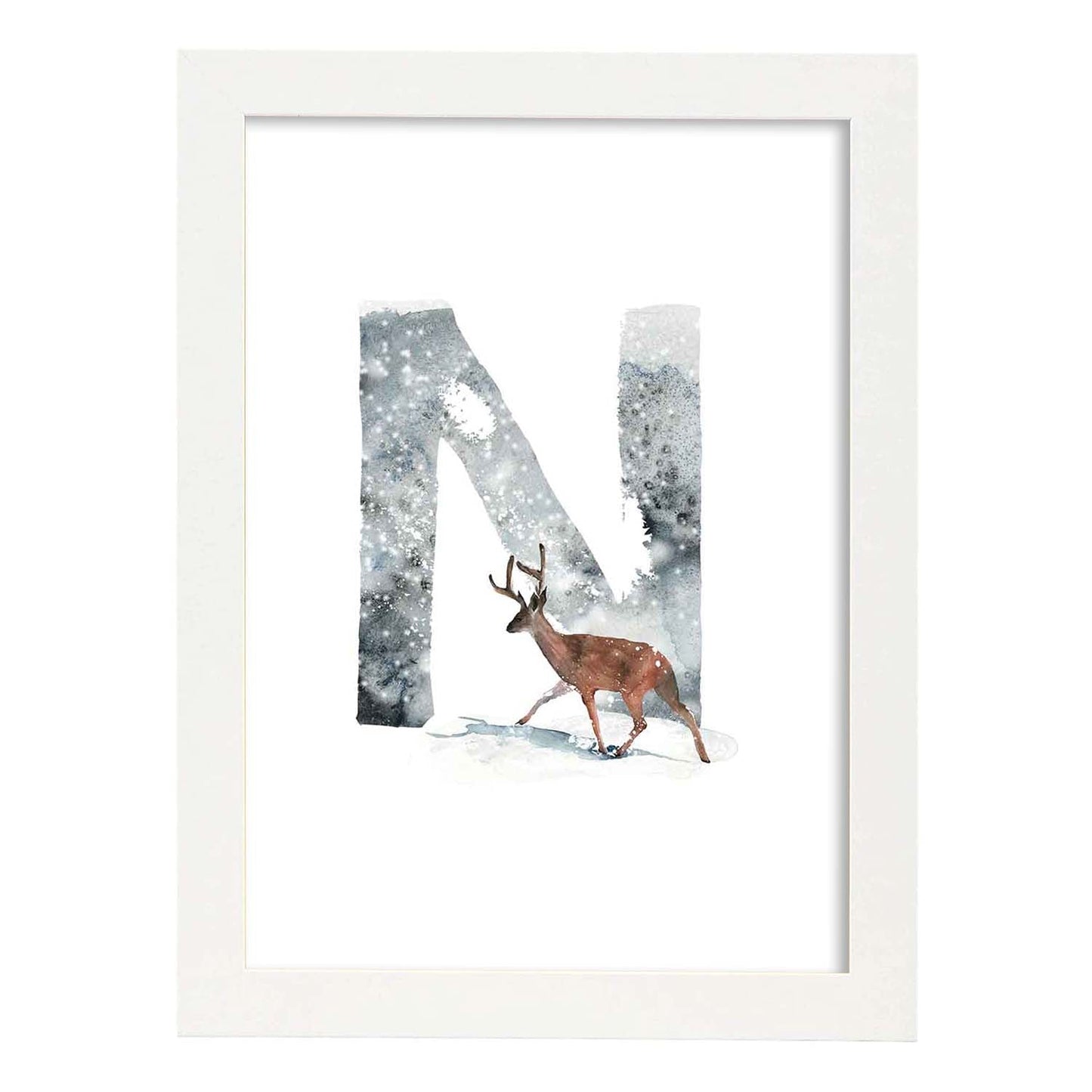 Poster de letra N. Lámina estilo Invierno con imágenes del alfabeto.-Artwork-Nacnic-A3-Marco Blanco-Nacnic Estudio SL