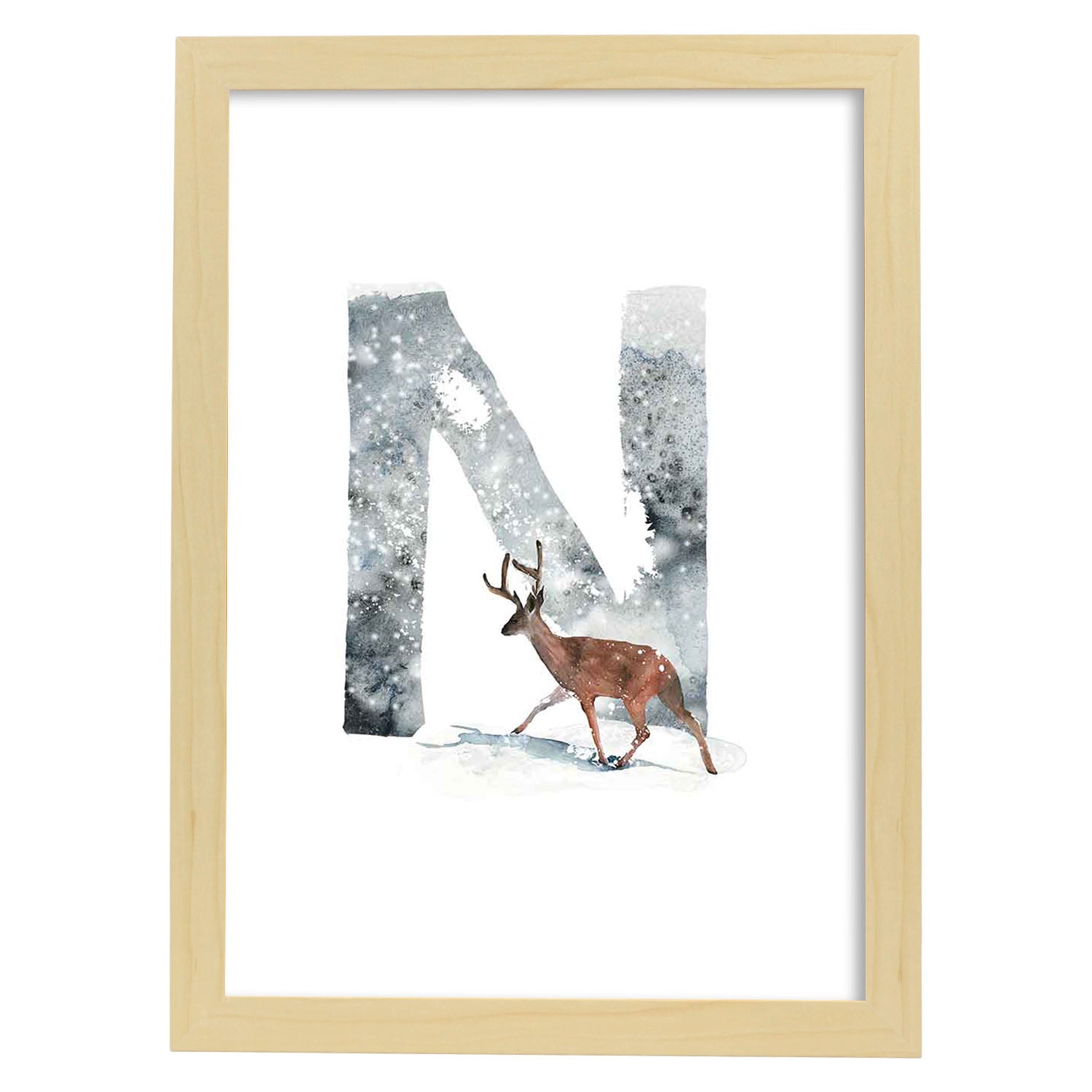 Poster de letra N. Lámina estilo Invierno con imágenes del alfabeto.-Artwork-Nacnic-A3-Marco Madera clara-Nacnic Estudio SL