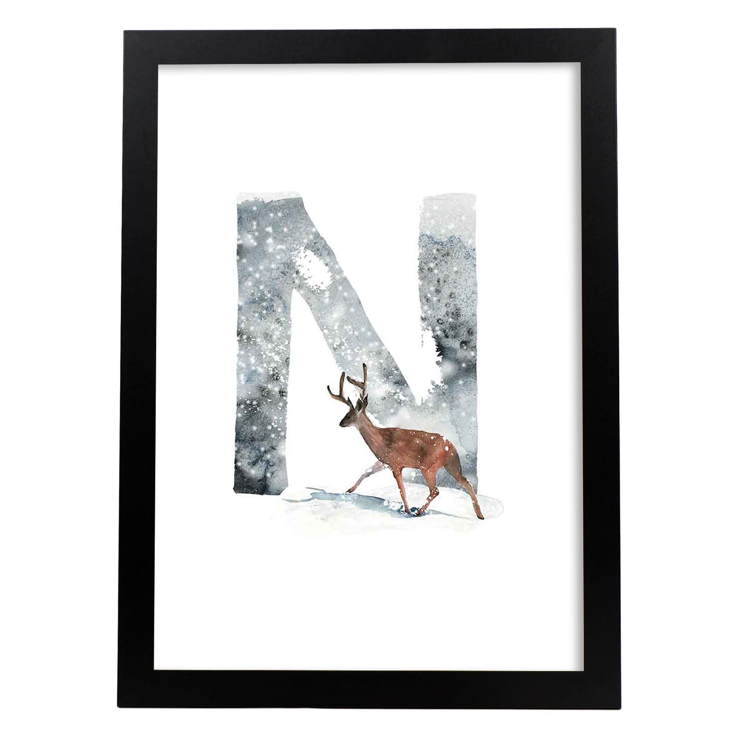 Poster de letra N. Lámina estilo Invierno con imágenes del alfabeto.-Artwork-Nacnic-A3-Marco Negro-Nacnic Estudio SL