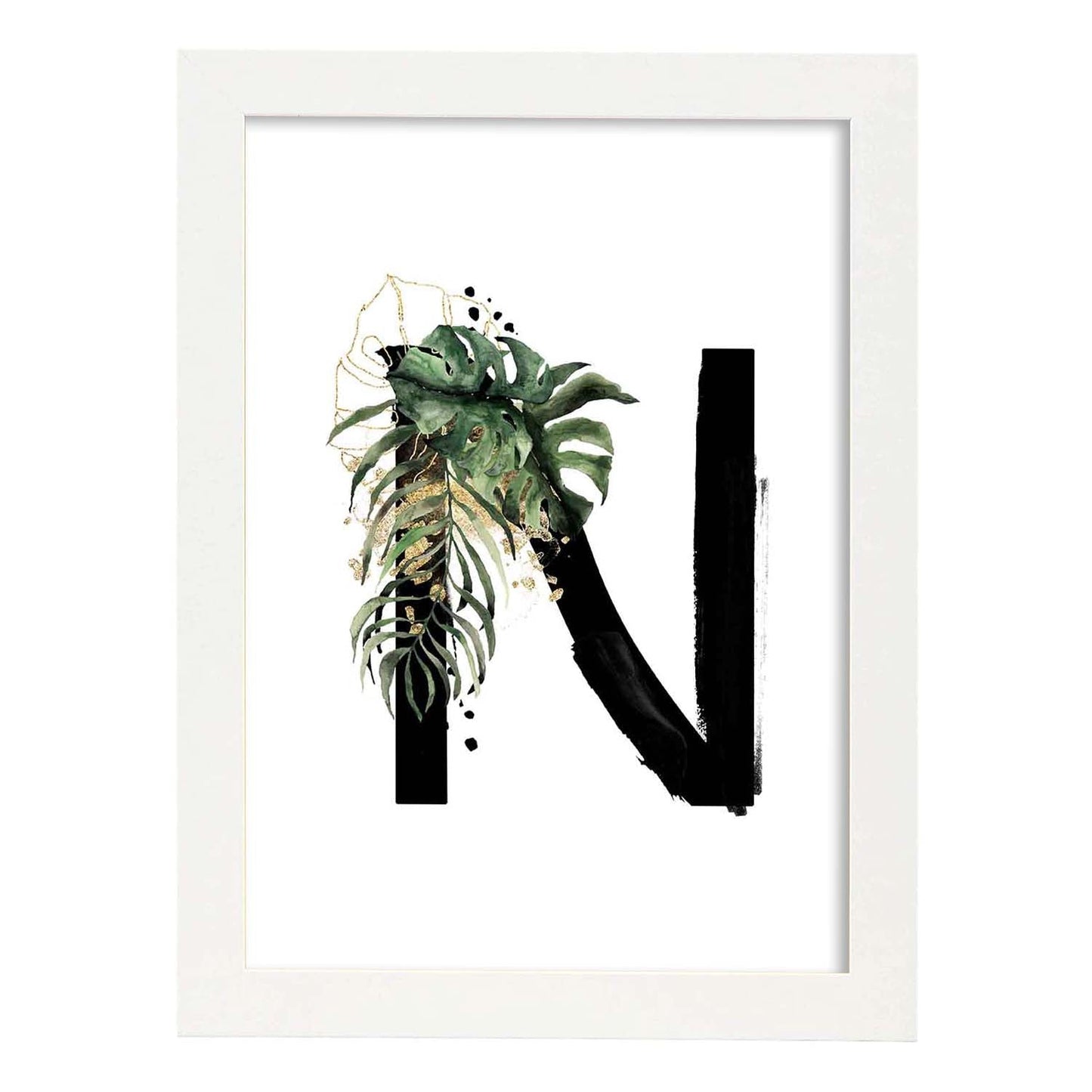 Poster de letra N. Lámina estilo Jungla Negra con imágenes del alfabeto.-Artwork-Nacnic-A3-Marco Blanco-Nacnic Estudio SL