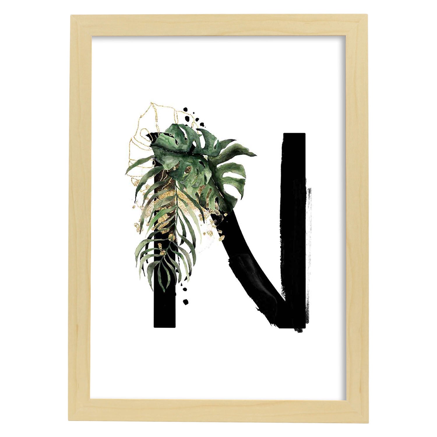 Poster de letra N. Lámina estilo Jungla Negra con imágenes del alfabeto.-Artwork-Nacnic-A3-Marco Madera clara-Nacnic Estudio SL