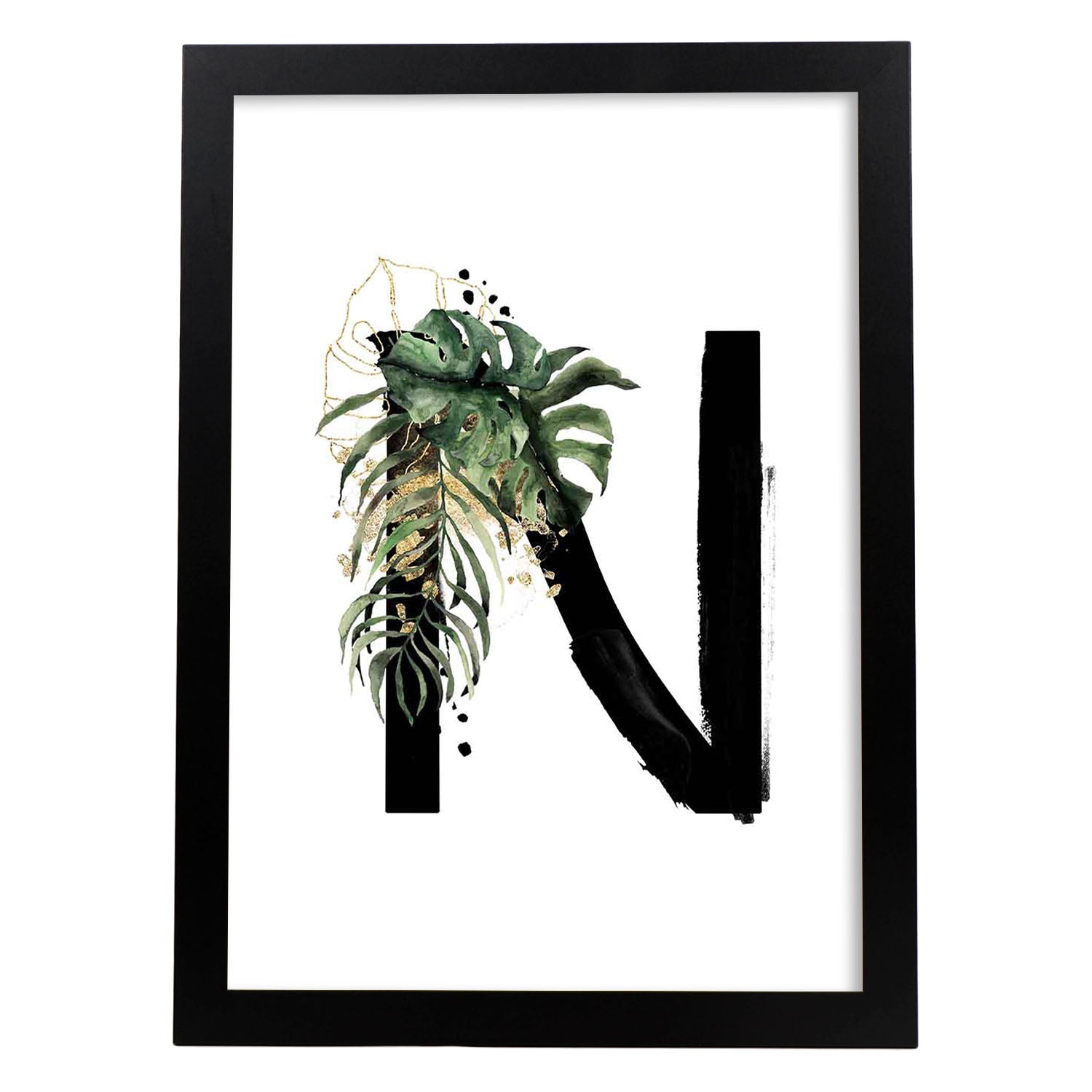 Poster de letra N. Lámina estilo Jungla Negra con imágenes del alfabeto.-Artwork-Nacnic-A3-Marco Negro-Nacnic Estudio SL