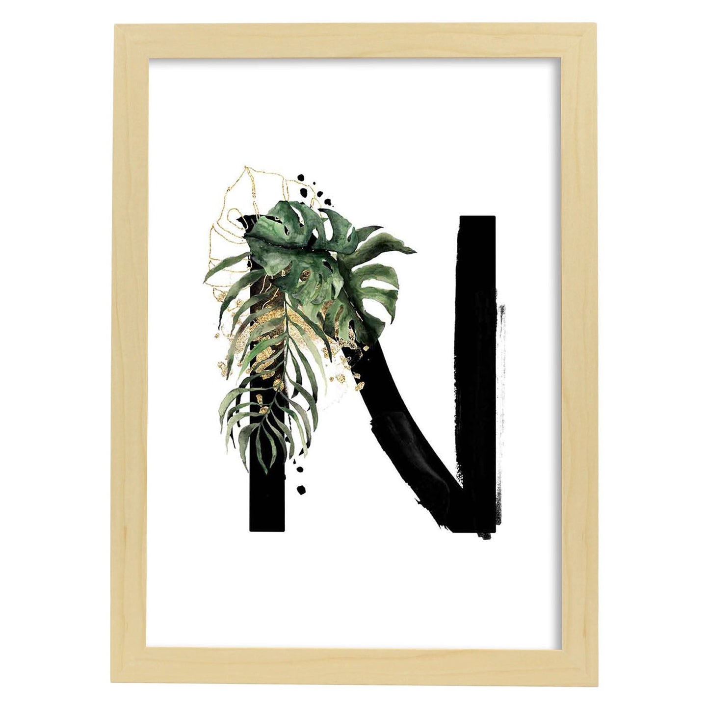 Poster de letra N. Lámina estilo Jungla Negra con imágenes del alfabeto.-Artwork-Nacnic-A4-Marco Madera clara-Nacnic Estudio SL