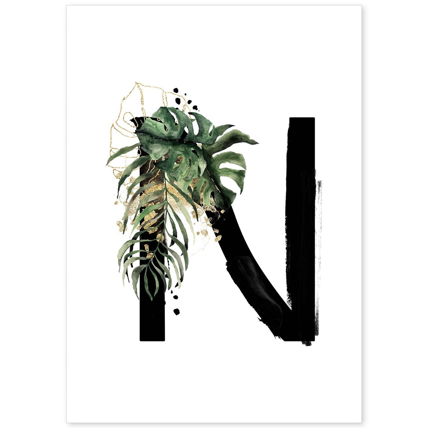 Poster de letra N. Lámina estilo Jungla Negra con imágenes del alfabeto.-Artwork-Nacnic-A4-Sin marco-Nacnic Estudio SL
