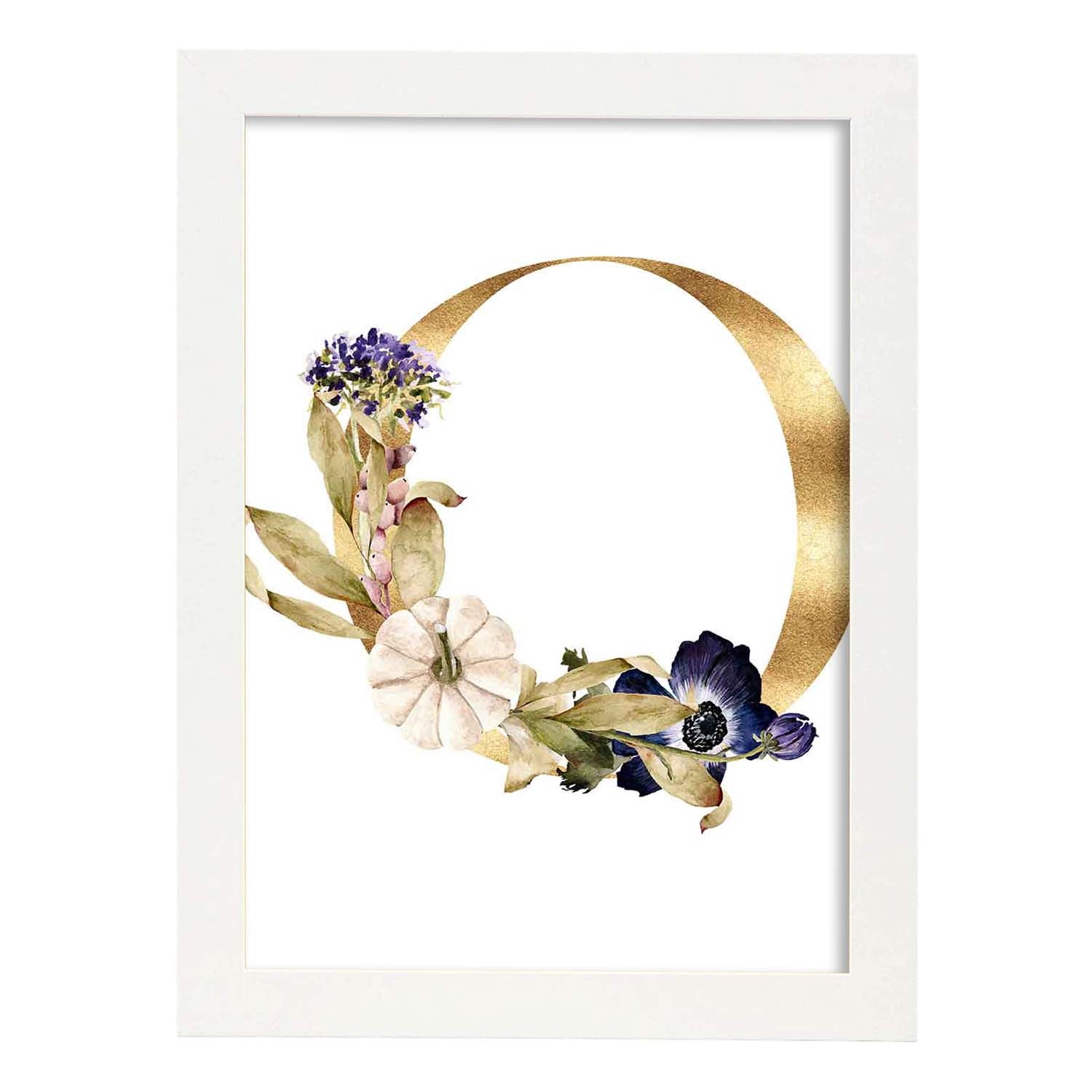 Poster de letra O. Lámina estilo Dorado Floral con imágenes del alfabeto.-Artwork-Nacnic-A3-Marco Blanco-Nacnic Estudio SL