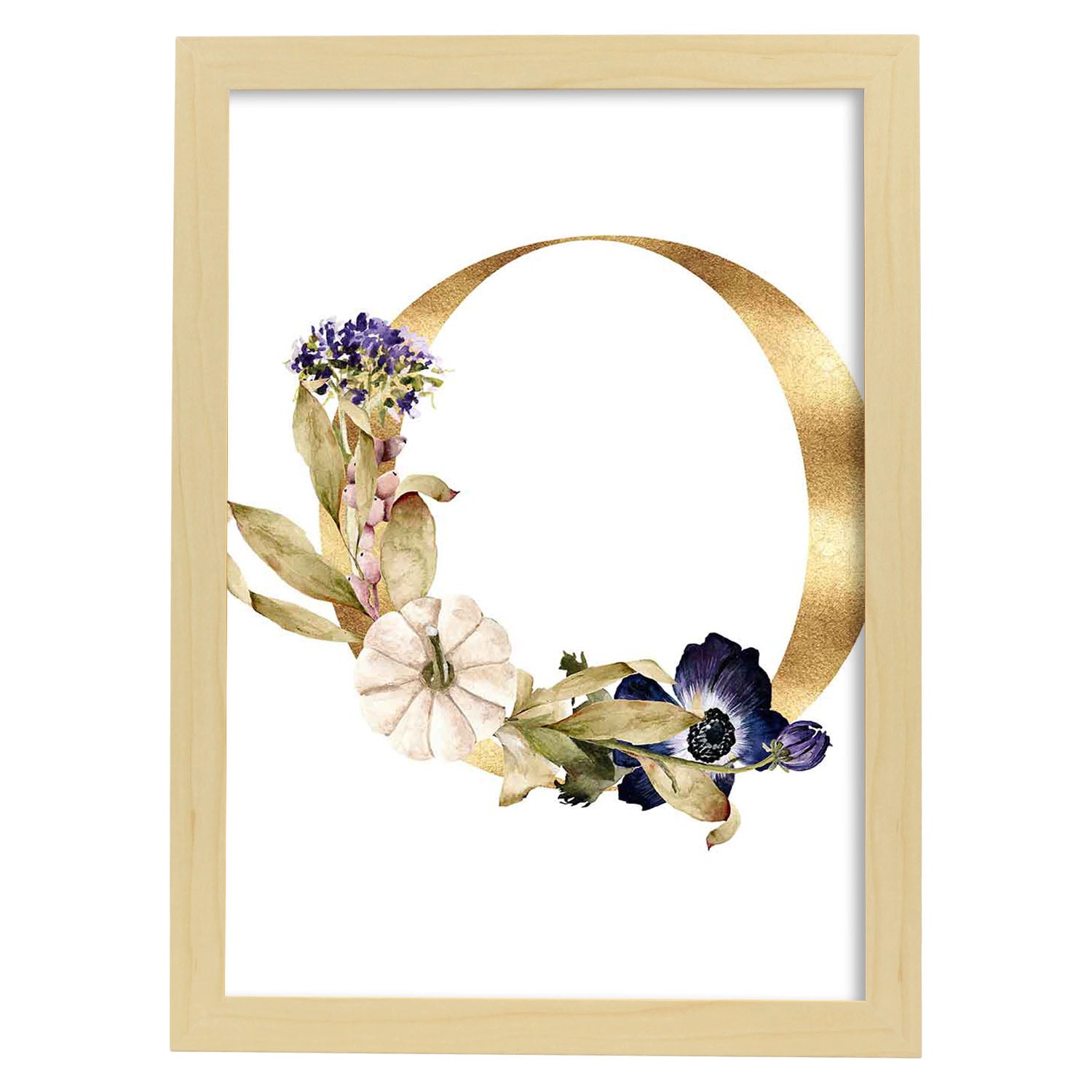 Poster de letra O. Lámina estilo Dorado Floral con imágenes del alfabeto.-Artwork-Nacnic-A3-Marco Madera clara-Nacnic Estudio SL