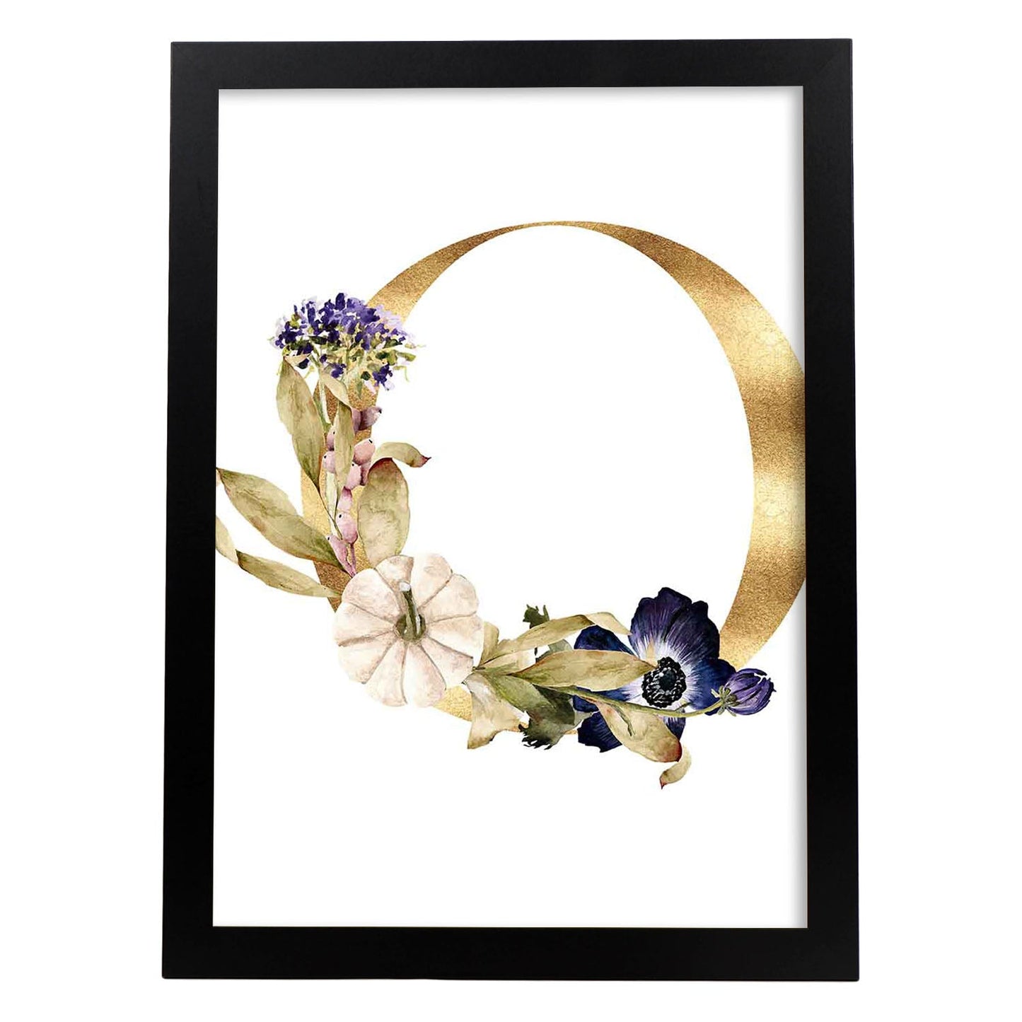 Poster de letra O. Lámina estilo Dorado Floral con imágenes del alfabeto.-Artwork-Nacnic-A3-Marco Negro-Nacnic Estudio SL
