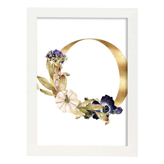 Poster de letra O. Lámina estilo Dorado Floral con imágenes del alfabeto.-Artwork-Nacnic-A4-Marco Blanco-Nacnic Estudio SL