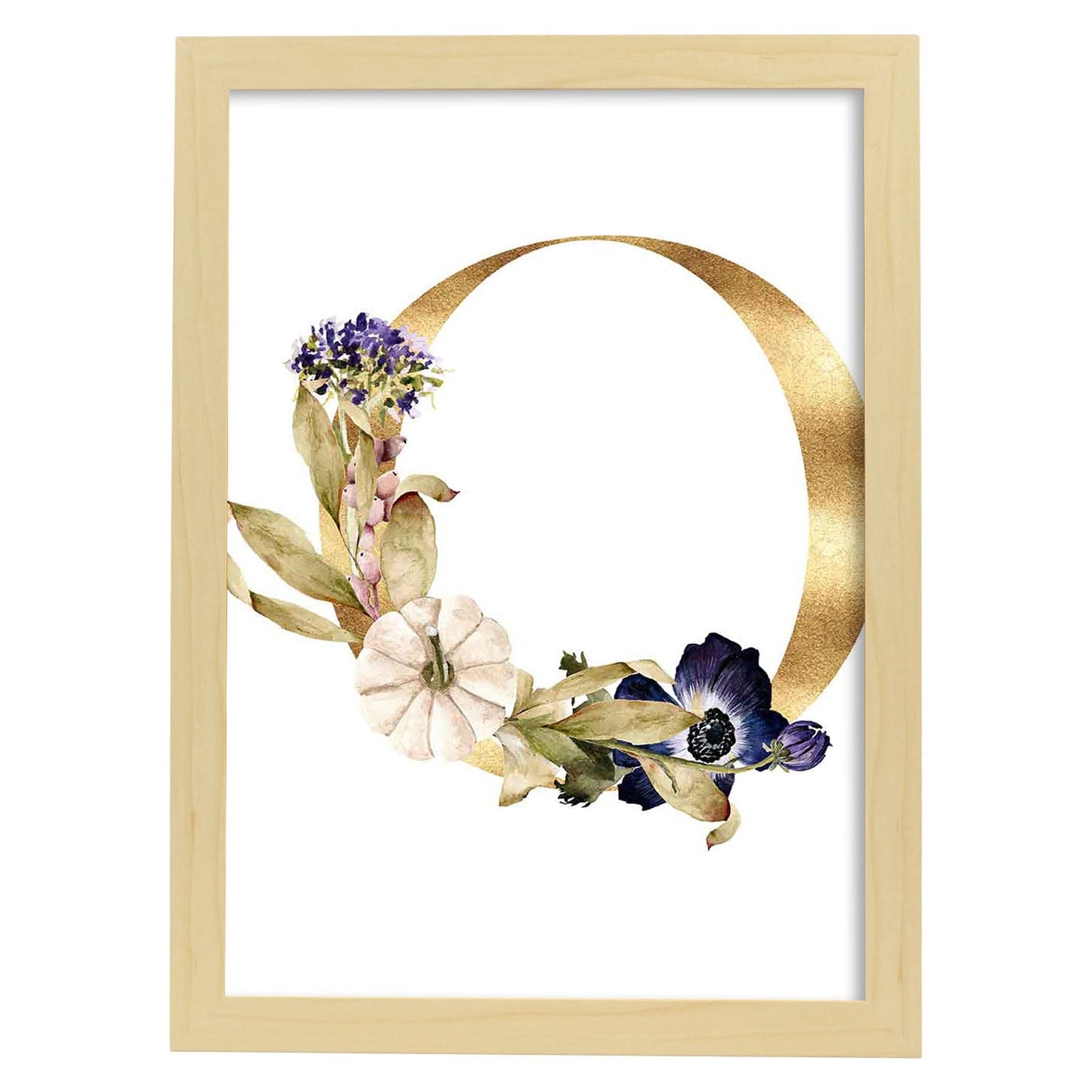 Poster de letra O. Lámina estilo Dorado Floral con imágenes del alfabeto.-Artwork-Nacnic-A4-Marco Madera clara-Nacnic Estudio SL
