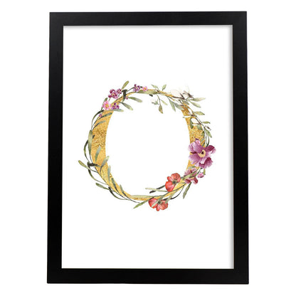 Poster de letra O. Lámina estilo Dorado Rosa con imágenes del alfabeto.-Artwork-Nacnic-A4-Marco Negro-Nacnic Estudio SL