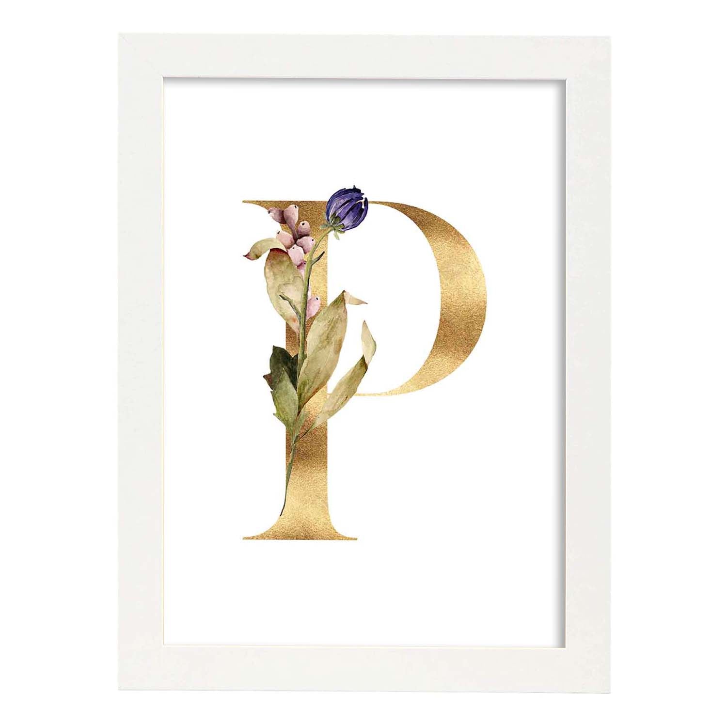 Poster de letra P. Lámina estilo Dorado Floral con imágenes del alfabeto.-Artwork-Nacnic-A3-Marco Blanco-Nacnic Estudio SL