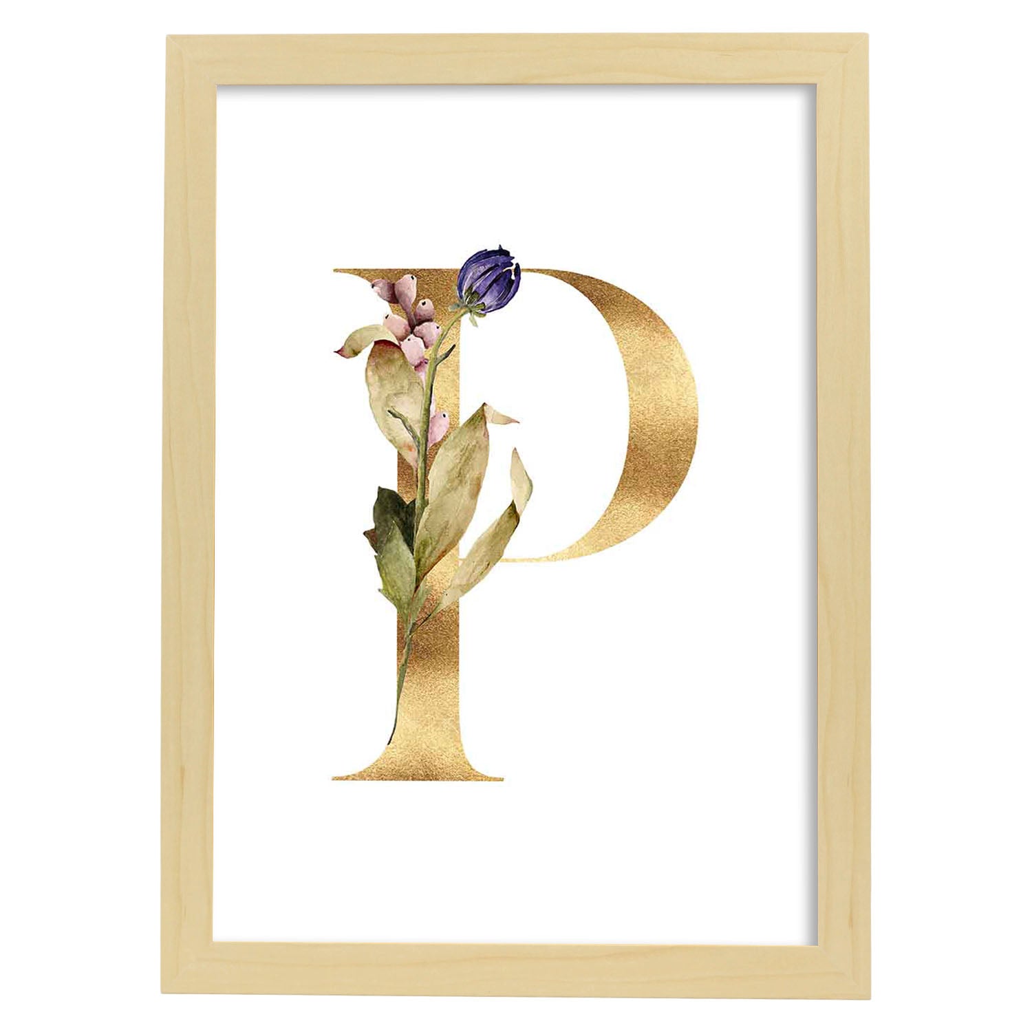 Poster de letra P. Lámina estilo Dorado Floral con imágenes del alfabeto.-Artwork-Nacnic-A3-Marco Madera clara-Nacnic Estudio SL