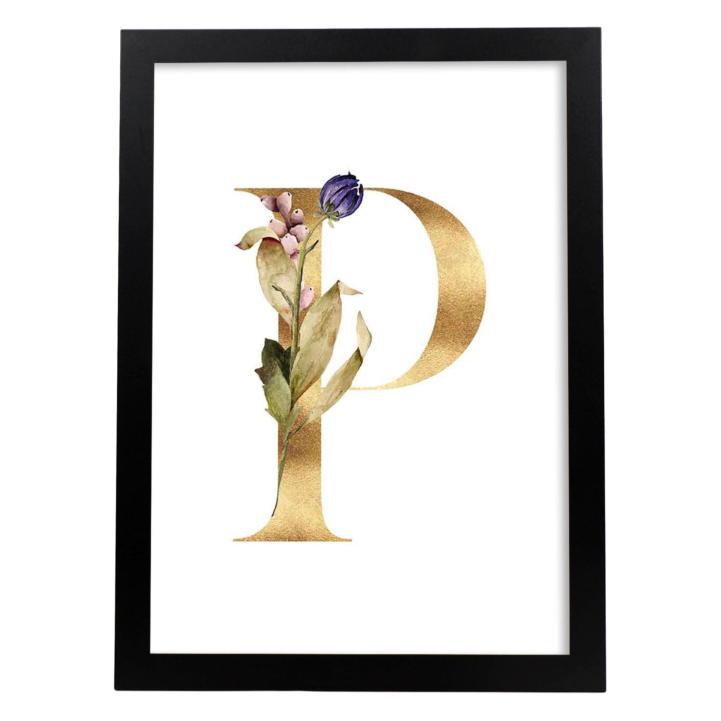 Poster de letra P. Lámina estilo Dorado Floral con imágenes del alfabeto.-Artwork-Nacnic-A3-Marco Negro-Nacnic Estudio SL