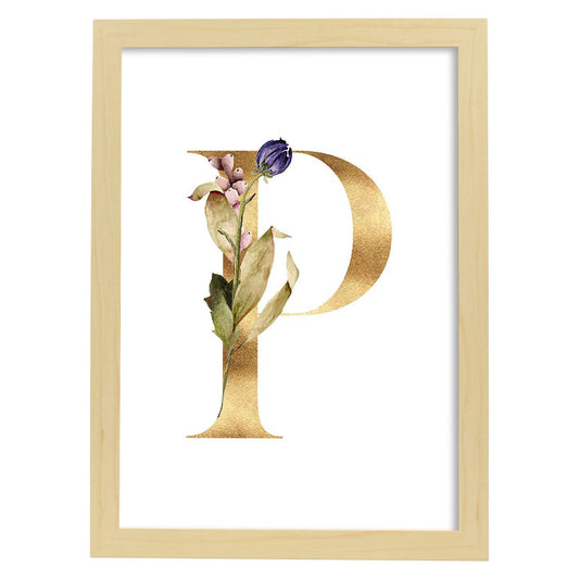 Poster de letra P. Lámina estilo Dorado Floral con imágenes del alfabeto.-Artwork-Nacnic-A4-Marco Madera clara-Nacnic Estudio SL