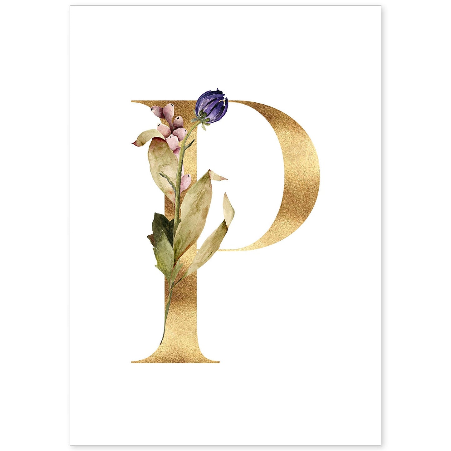 Poster de letra P. Lámina estilo Dorado Floral con imágenes del alfabeto.-Artwork-Nacnic-A4-Sin marco-Nacnic Estudio SL
