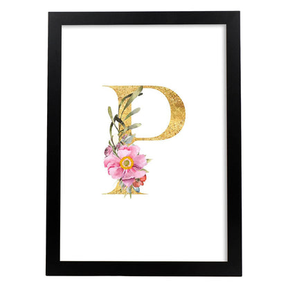 Poster de letra P. Lámina estilo Dorado Rosa con imágenes del alfabeto.-Artwork-Nacnic-A4-Marco Negro-Nacnic Estudio SL
